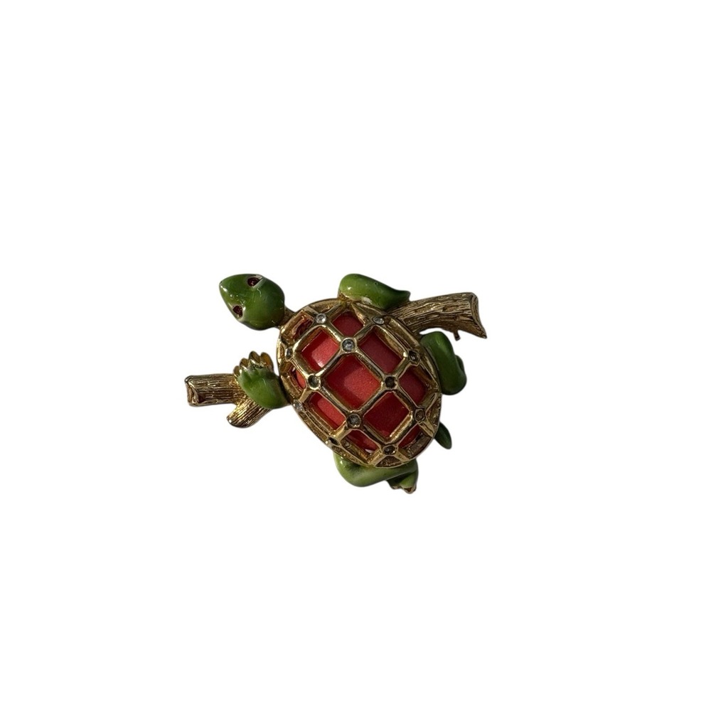 Vintage Gold Tone Enamel Red Rhinestone Eyes Colorful Turtle Resting Brooch Pin